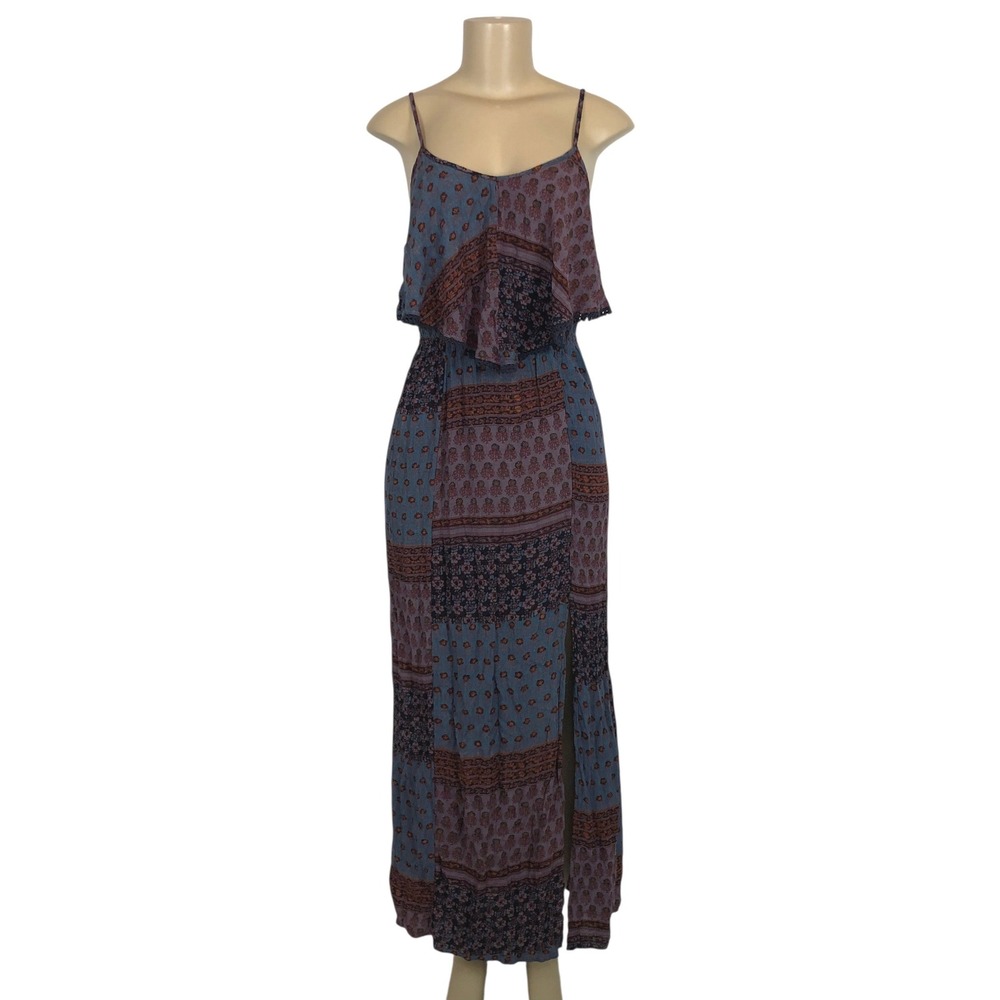 American Eagle Boho Patchwork Floral Leg Slit Maxi Dress Small Festival Hippie